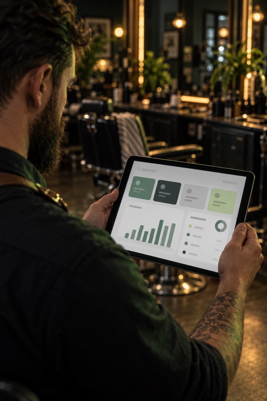 A barbershop owner holding a tablet with his website dashboard
