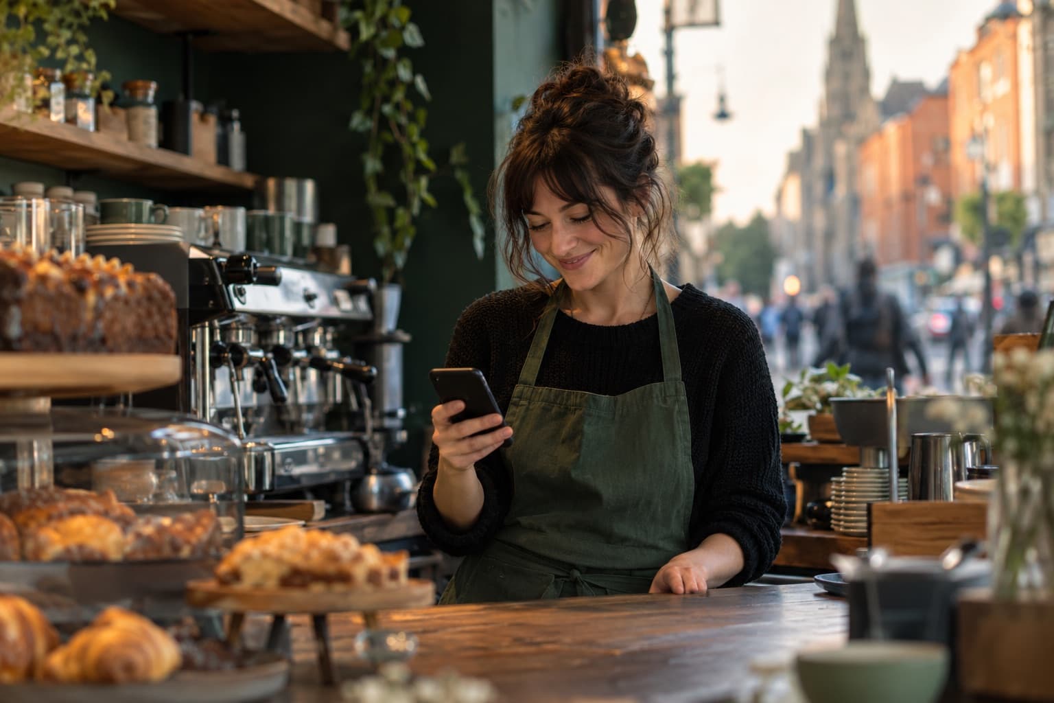 A café owner smiling at her phone behind the counter